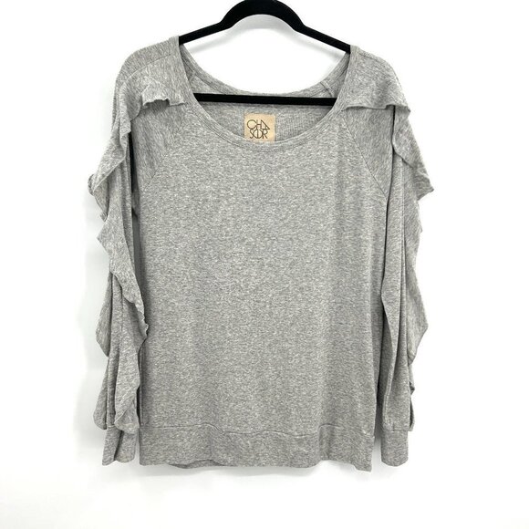 NWT CHASER *Flawed* Heather Gray Long Sleeve Ruffle Open Neck Shirt Size Medium - Picture 1 of 5
